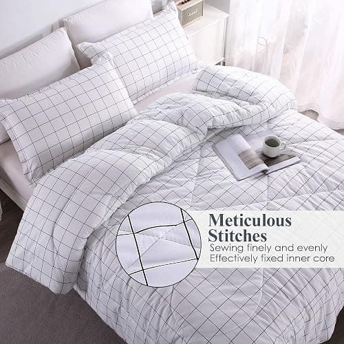 Andency White Grid Comforter Set Full Size (79x90 Inch), 3 Pieces(1 Grid Comforter and 2 Pillowcases), Summer Lightweight Microfiber Down Alternative White Comforter with Black Lines - White - Full (79*90 in) thumbnail 3