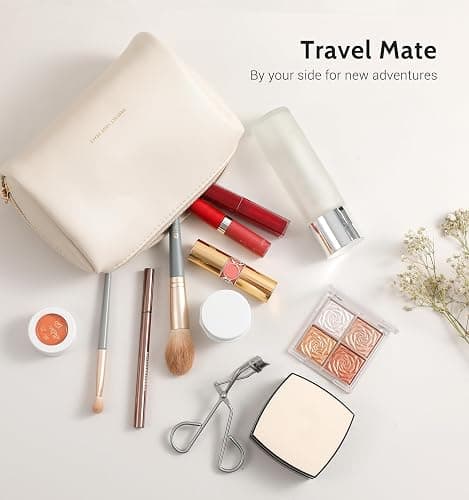 Aveniee Travel Makeup Bag Small, Vegan Leather Cosmetic Pouch for Purse, Wide-open Toiletry Organizer with Dividers & Zipper for Women-Beige thumbnail 8