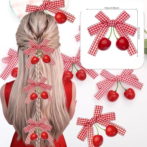 6pcs Cherry Bow Hair Clip Cute Rhinestone Alligator Clips Metal Alligator Clips Bow Nonslip Velvet Decor Lovely Hair Barrette for Women Girls Christmas Hair Decoration (Pink white) thumbnail 2