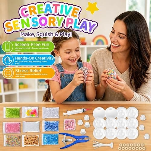 RYOXZEL DIY Stress Ball Making Kit, 12pcs Squishy TPR Ball Skins with 1lb Fillers, Make Your Own Squishies Set, Air Pump & Expander Tool Ties, Fidget Sensory Craft Kit for Stress Relief thumbnail 6