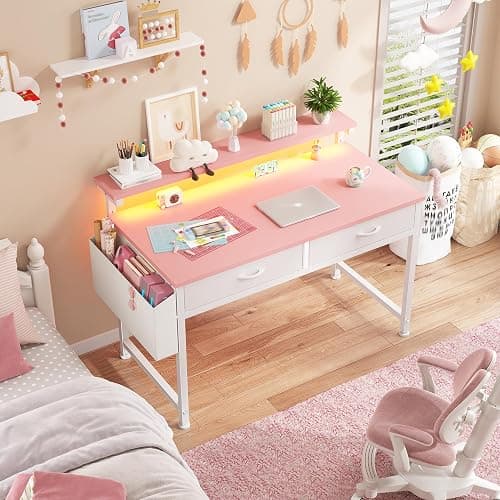 DurayLoly 31Inch Small Computer Desk with LED Lights & 2 Fabric Drawers, Gaming Desk with Side Pocket & Ergonomic Monitor Stand, Small Space Study Writing Table with Anti-Tip Design,Pink thumbnail 7