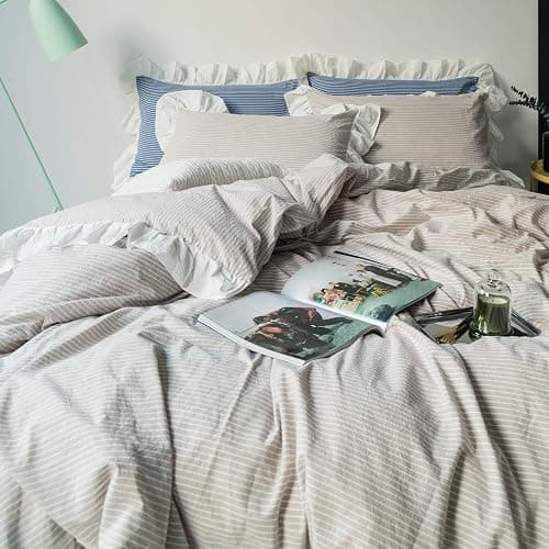 SUSYBAO Striped Ruffle Duvet Cover Queen 100% Washed Cotton 3 Pieces Set 1 Beige Ruffled Duvet Cover with Zipper Ties 2 Pillow Shams Farmhouse Soft White Lace Bedding Set Breathable thumbnail 2