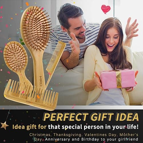 MRD Hair Brush Set, Natural Bamboo Comb Paddle Detangling Hairbrush, Wide-tooth and tail comb No Bristle, suit for Women Men and Kids Thick/Thin/Curly/Dry Hair Gift kit thumbnail 7
