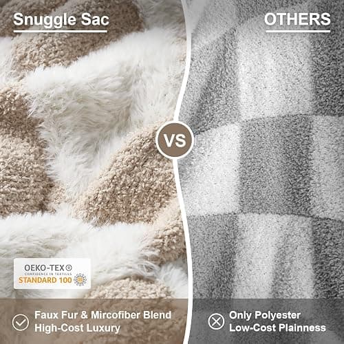 Snuggle Sac Checkered Throw Blanket Faux Fur Microfiber Blankets for Couch,Cozy Soft Warm Blanket for Sofa Bedroom Living Room,Beige Checker,50x60 inches thumbnail 2