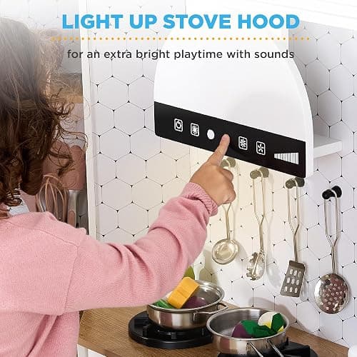 Best Choice Products Pretend Play Corner Kitchen, Ultimate Interactive Wooden Kids Playset w/Lights & Sounds, Ice Maker, Hood - Wht/Brown thumbnail 5