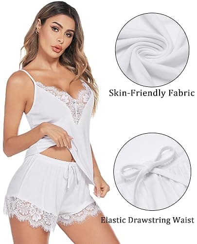 Avidlove Women Pajama Set Lace Trim Short PJ Set Modal V Neck Sleeveless Sleepwear Drawstring Waist Nightwear S-XXL - XX-Large - White thumbnail 2