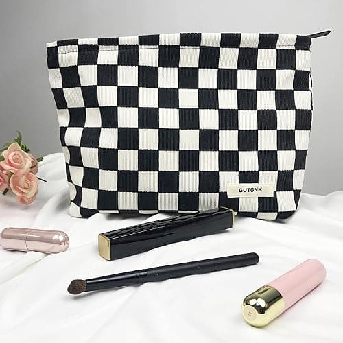 GUTGNK Women's Cosmetic Bag, Corduroy Checkerboard Travel Cosmetic Bag Small Cosmetic Bag Skin Care Cosmetic Changing Handy Bag Zipper Organizer - Haig thumbnail 2