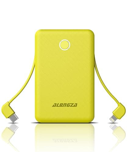 Alongza 6000mAh Small Portable Phone Charger with Built in Cable Lightweight Power Bank Type C Fast Charging External Battery Pack Slim Backup Charger Compatible with iPhone, Android - Yellow - Image 1
