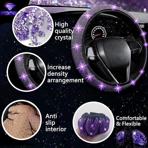 NBTEPEM 27 PCs Purple Violet Bling Car Accessories Set for Women, Steering Wheel Covers Universal Fit 15 Inch, Bling License Plate Frame, Bling Phone Holder, Bling Car Coasters thumbnail 3
