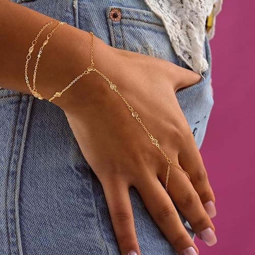 Decholly Hand Chain Bracelets for Women - 14K Real Gold Plated Dainty Stackable Paperclip Link Bracelets Hand Chain Bracelet Ring Gold Bracelets for Women Trendy thumbnail 4