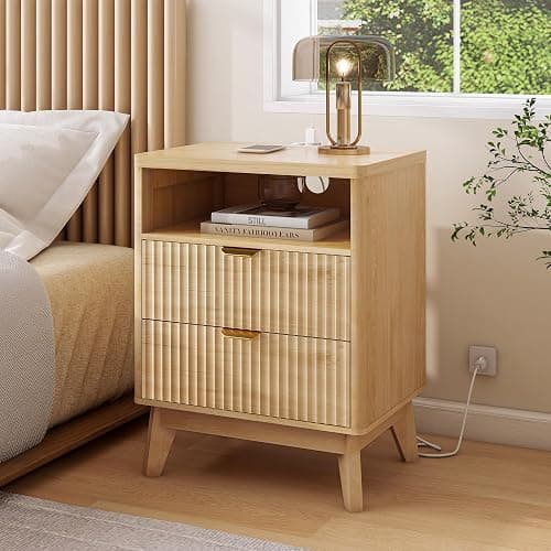 LYNCOHOME Fluted Nightstand with Charging Station, 19.7 inch Wide End Table with 2 Drawers, Modern Wood Bedside Table for Bedroom, Night Stand Set of 2,Natural thumbnail 7