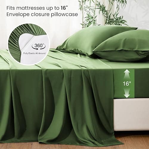 Love's cabin 4 Piece Full Size Sheet Set, 100% Rayon Derived from Bamboo, Cooling & Breathable, Soft Silky Deep Pocket up to 16", Hotel Luxury Bedding for Hot Sleepers, Olive Green thumbnail 4