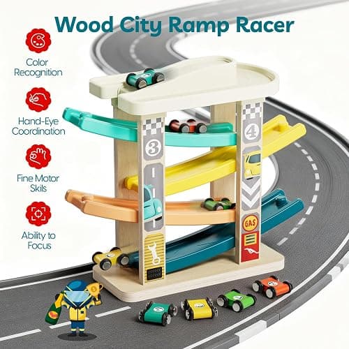 TOP BRIGHT Toddler Toys for 2 Year Old Boy, Wooden Car Ramp Race Track Set | Car Toys for Toddlers 1-3 with Cars and a Garage, Montessori Toys for 12 Year Old Boy Girl,Birthday Gift for Age 18+ Month thumbnail 7