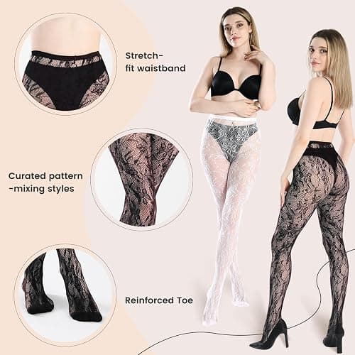 SERAPHY Lace Tights Women Black White Floral Patterned Fishnet Stockings thumbnail 3