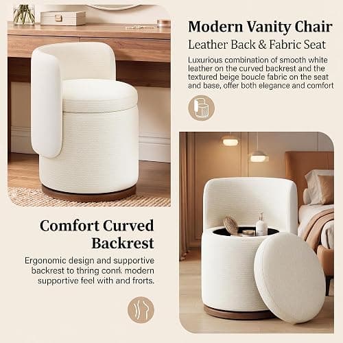 smartue Ottoman with Storage, Round Vanity Stool with Back | 22L Hidden Seat, 360° Swivel, Reversible Lid, No Wheels, Upholstered Makeup Footstool for Bedroom thumbnail 4