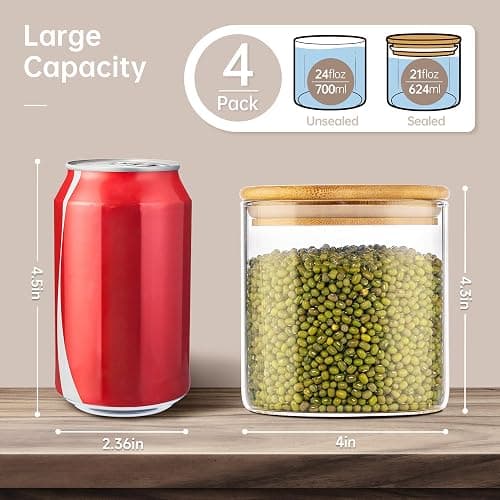 HomArtist 21oz - 4 Pack Glass Jars with Bamboo Lids, Glass Food Storage Containers with Airtight Lids, Air Tight Pantry Storage Containers for Coffee, Sugar, Spice, Meal Prep Jars for Salad & Fruit thumbnail 3