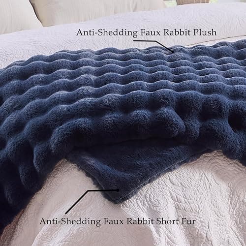 BENVWE Fluffy Faux Fur Throw Blanket for Couch, Soft Plush Thick Cozy Fuzzy Luxury Minky Bubble Blanket for Home Living Room Decor Gift for Women, Navy Blue, 63" x 80", 1100GSM thumbnail 4