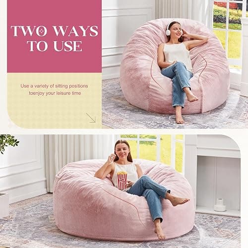 Hobestluk Bean Bag Chairs Giant Beanbag Chair with Filler, Memory Foam Bean Bags with Fluffy & Machine Washable Cover, Bean Bag Chairs for Aduts for Living Room, Bedroom (Pink, 5FT - 50” x 50” x 24”) thumbnail 3