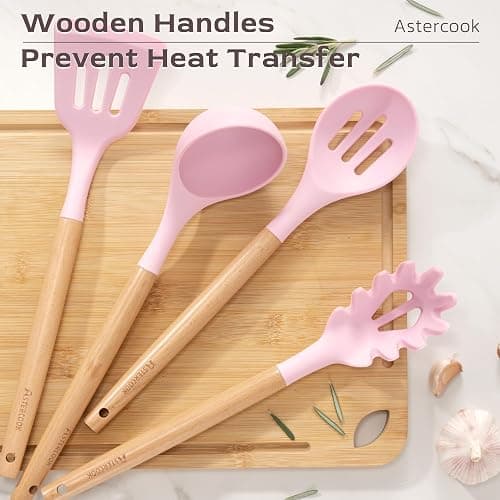 Astercook Kitchen Utensils set, 39 PCS Silicone Cooking Utensils Set with Wooden Handle, 446°F Heat Resistant Food Grade Utensil Sets, BPA Free Kitchen Gadgets Tools Set for Nonstick Cookware (Pink) thumbnail 4