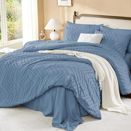 Litanika Full Comforter Set with Sheets, 7 Pieces Boho Bed in a Bag | Grey Blue Fluffy Lightweight Neutral Soft Warm Chevron Tufted Textured Bed Set thumbnail 2