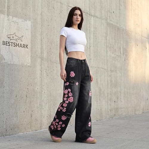 bestshark Baggy Women’s Wide Leg Jeans High Waisted Baggy Denim Pants Loose Fit Y2K Graphic Jeans Black thumbnail 2