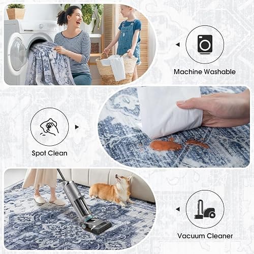 Washable Rug Living Room Rugs: 6x9 Area Rug Large Soft Boho Vintage Medallion Carpets Indoor Floor Anti Slip Non-Shedding Thin Carpet for Bedroom Dining Room Farmhouse Nursery Home Office-Blue/White thumbnail 3