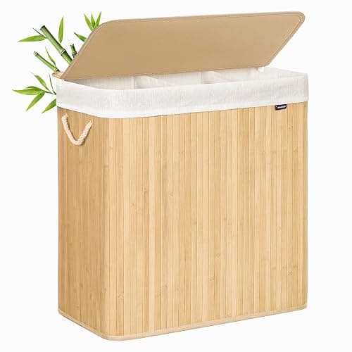 SONGMICS Laundry Basket with Lid, 150 L Bamboo, 3 Compartments | Laundry Hamper, Foldable, Removable and Machine Washable Liner Bag, for Laundry Room, Natural, RONEX Collection LCB091N01 thumbnail 2