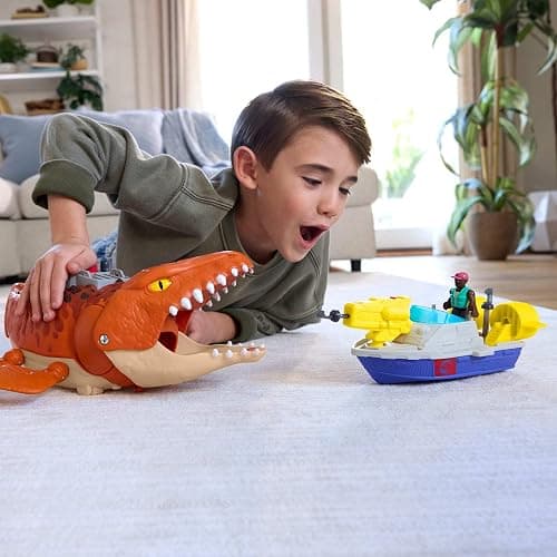 Fisher-Price Imaginext Jurassic World Rebirth Aquachomp Chase Mosasaurus 18-inch Dinosaur Toy with 3-inch Action Figure, Launcher Boat & 2 Projectiles thumbnail 2