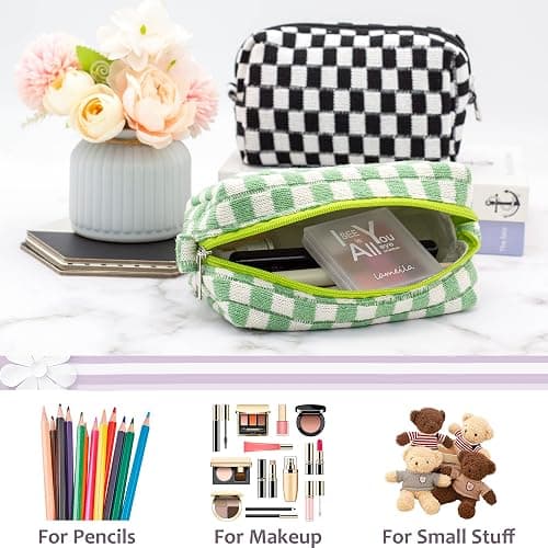 Checkered Makeup Bag for Purse, Small Travel Cosmetic Pouch,Light Green | Cute Zipper Makeup Organizer for Women, Travel Essentials, Toiletries, Makeup Brushes, Beauty Accessories&Bridesmaid Gifts thumbnail 4