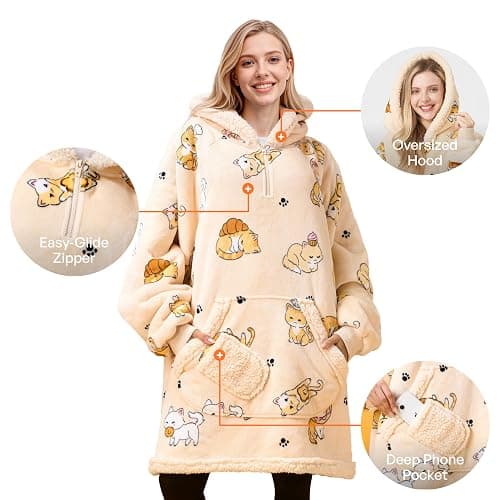 Giggling Getup Wearable Blanket Hoodie for Adults Gifts for Teen Girls Sister Women Sherpa Fleece Printed Hooded Blanket Sweatshirt Warm Cozy with Pocket & Sleeves Beige Cat thumbnail 4