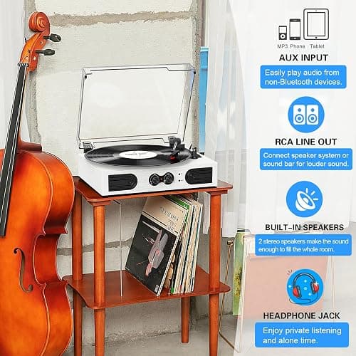 VinylsLink Vinyl Record Player with Built-in Stereo Speakers and Bass Adjust, Portable Vintage 3-Speed Belt-Driven, Bluetooth Input, RCA Line Out AUX in Headphone Jack, White Wood thumbnail 5