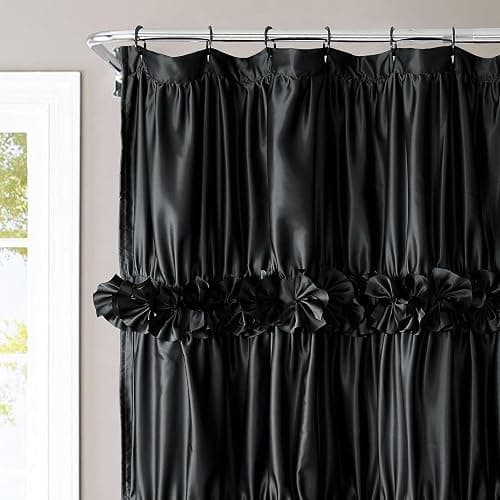 Homechoice Decor Black Ruffle Shower Curtain, Vintage Handcrafted Bow Tie Bath Curtain for Master Bathroom, Ruched Satin Bathroom Curtain with 12 Buttonholes, 72" W x 84" H (LQ-10) - Black - 72"W x 84"L (Pack of 1) thumbnail 7