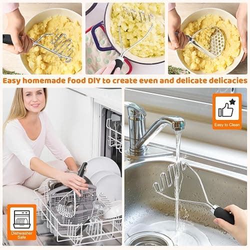 Potato Masher Set of 2 Pieces, 10.25-Inch Stainless Steel Wire Mashed Potato Masher, Kitchen Gourmet Making Tools Professional Integrated Honeycomb, For Vegetable, Fruit, Melon, Potato Etc, Black thumbnail 6