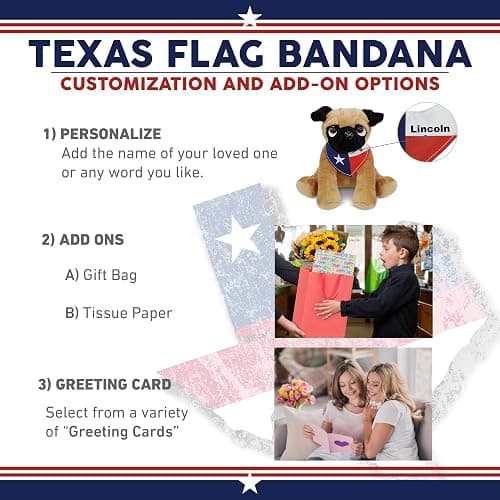 DolliBu Pug Dog Stuffed Animal with Texas Flag Bandana and Name Personalization - Super Soft Texan Pug Dog Patriotic Plush Toy - 8 Inches thumbnail 4