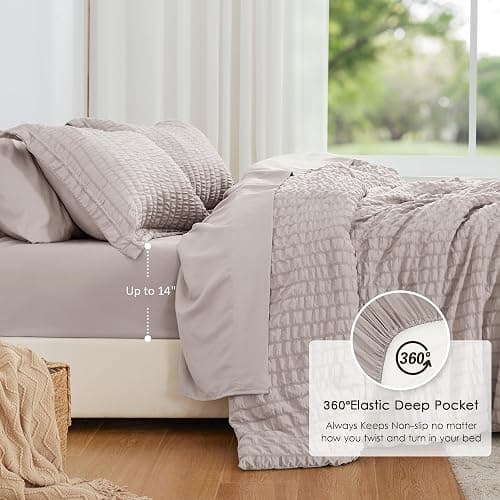 Love's cabin Seersucker Burlwood King Size Comforter Set 7 Pieces, All Season Bedding Set, King Bed in a Bag Comforter Set with Comforter, Flat Sheet, Fitted Sheet, Pillowcase and Pillow Sham thumbnail 3