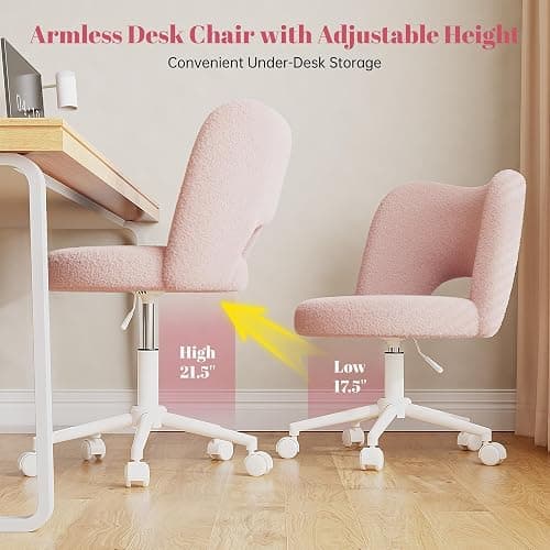 DurayLoly Vanity Chair with Wheels Pink,Cute Vanity Chair with Back,Ultra-Plush Fleece Cute Desk Chair, Small Office Chair Height Adjustable,for Make-up Room,Bedroom thumbnail 7