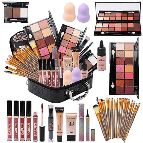 MTDXILTAI All in One Makeup Kit - 2X14 Eyeshadow Palette, Liquid Foundation, Eyeliner Pencils, Contouring Stick, Lip Gloss, 20Pcs Makeup Brushes (Black)