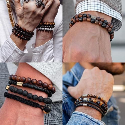 RANKEEF Tiger Eye Bracelet For Men 8MM Natural Stone Stretch Adjustable Black Crystal Beaded Bracelet for Men Women Gifts thumbnail 2