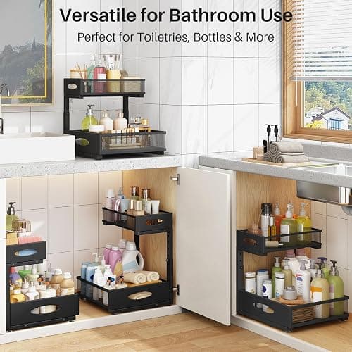 Under Sink Organizer, 2 Pack 2 Tier Pull Out Under Cabinet Organizer Shelf with Pad for Framed Cabinets, Metal Slide Out Under Sink Storage, Mesh Sliding Drawers for Kitchen Bathroom Laundry, Black thumbnail 9