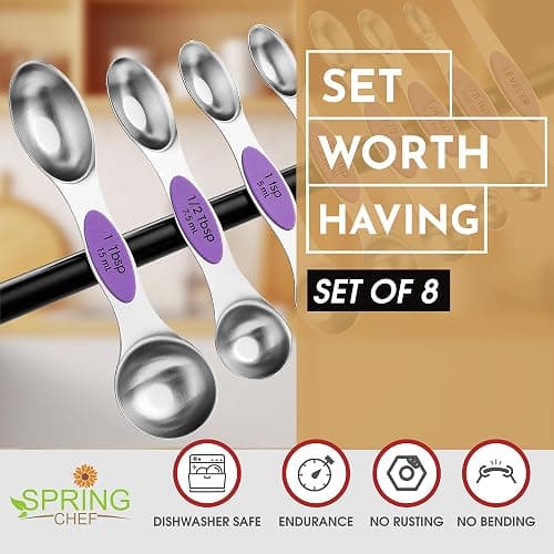 Spring Chef Stainless Steel Magnetic Measuring Spoons Set of 8 with Leveler, Nesting Metal Teaspoon & Tablespoon Measuring Spoons for Food, Heavy Duty Kitchen Gadgets for Baking & Cooking - Orchid thumbnail 3