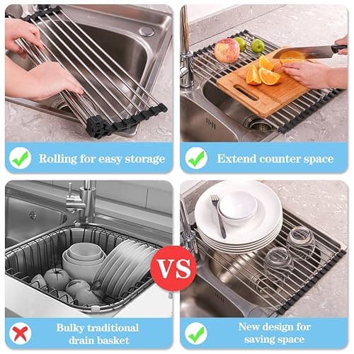Seropy Roll Up Dish Drying Rack Over The Sink Drying Rack for Kitchen Counter, Rolling Dish Rack Over Sink Mat, Foldable Dish Drainer Stainless Steel Rack Kitchen Organization Gadgets 17.5"x11.8" thumbnail 6