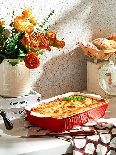 DOWAN 9x13-inch Deep Casserole Baking Dish for Lasagna, 135 oz Ceramic Pan with Handles, Oven Safe for Baking and Home Decor, Red thumbnail 6