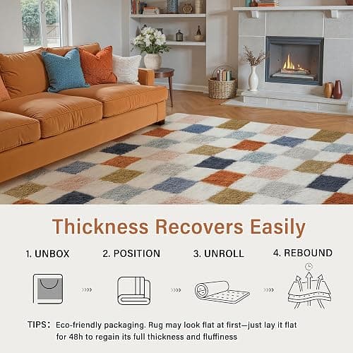 PureCozy Checkered Rug 5x7 for Living Room, Modern Rainbow Shag Rug Super Soft Washable Indoor Fuzzy Carpet Non-Slip Fluffy Rugs for Bedroom Home Aesthetic Decor thumbnail 6
