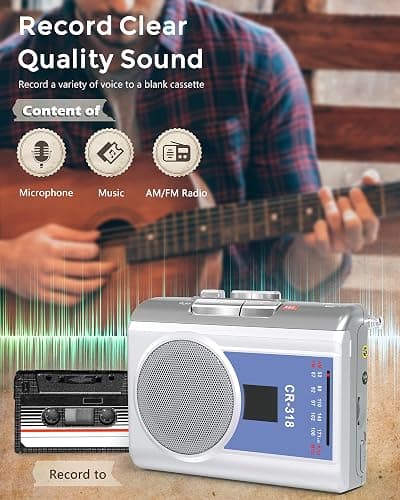 Gracioso Protable Cassette Recorder Player: AM FM Compact Cassette Tape Player with Big Speaker & Earphone Jack, Build in Microphone,Cassette Player Powered by DC or AA Battery thumbnail 4