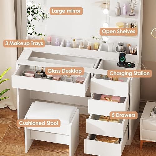 ANWBROAD Schminktisch mit LED Beleuchtung und Hocker, Glasplatte, Schminktisch mit Steckdosen und Großer Spiegel, Frisiertisch mit 5 Schubladen Offenen Regalen, Modern Weiß BDT74W thumbnail 3