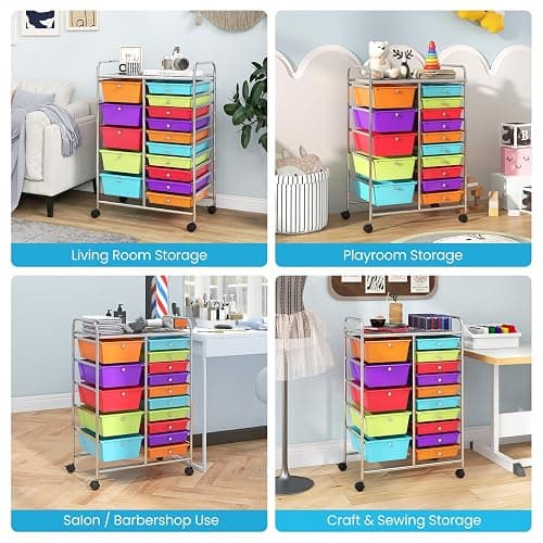 Giantex 15-Drawer Organizer Cart Office School Storage Cart Rolling Drawer Cart for Tools, Scrapbook, Paper (Multicolor) thumbnail 9