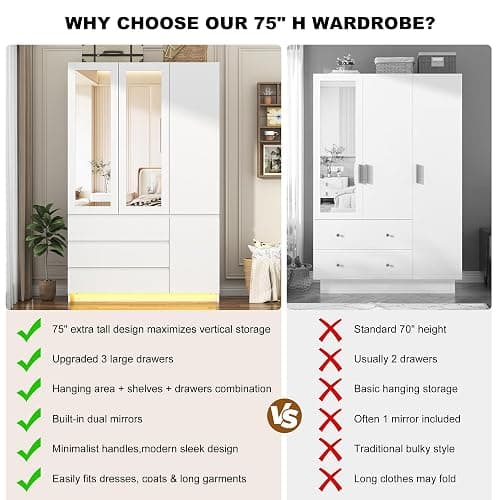 75"H Tall Modern 3 Doors Wooden Armoire Wardrobe Closet with 3 Drawers & 2 Mirror,Clothing Storage Cabinet with Hanging Rod,Bedroom Large Freestanding Armoires with Led Lights for Bedroom,White thumbnail 3