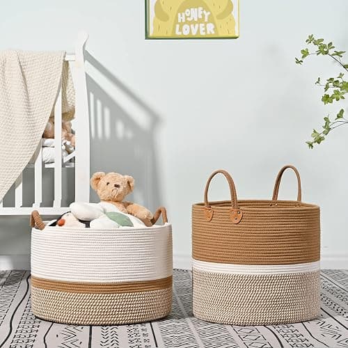 KAKAMAY Large Blanket Basket (20"x13"),Woven Baskets for storage Baby Laundry Hamper, Cotton Rope Blanket Basket for Living Room, Laundry, Nursery, Pillows, Baby Toy chest (White/Brown) - Brown thumbnail 7
