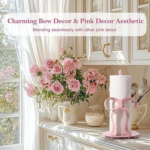 Shinlar Pink Bow Paper Towel Holder Coutertop - Bow Accent Paper Towel Holder, Pink Kitchen Decor and Accessories, Coquette Room Decor Girly Gifts for Women, 3D Handmade Pattern, Weighted Base thumbnail 4