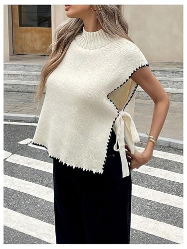Verdusa Women's Old Money Sweater Tie Knot Slit Sweater Vest Mock Neck Cap Sleeve Lightweight Knit Tops thumbnail 3